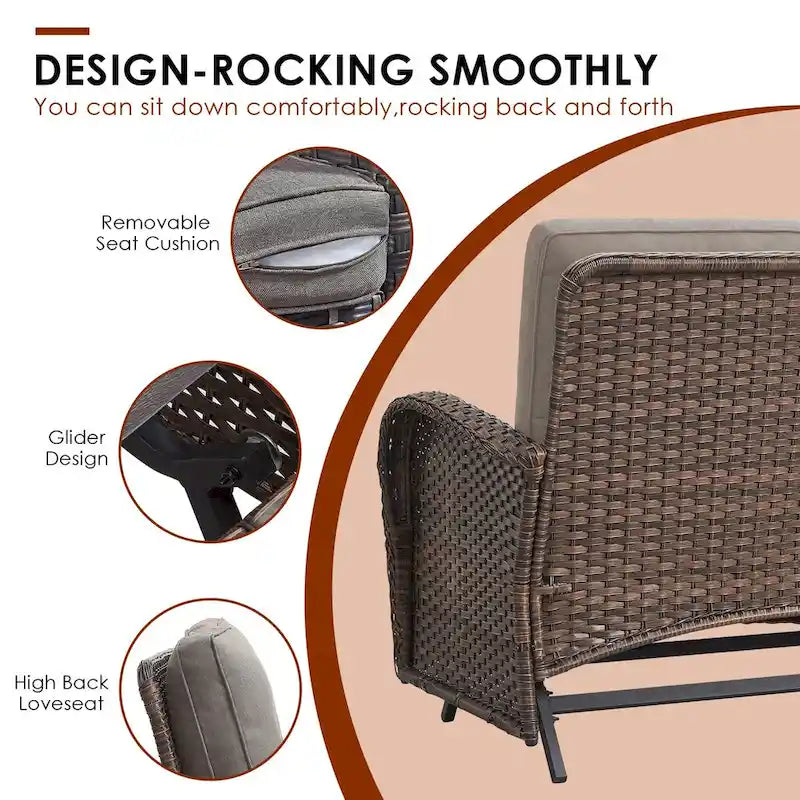 Patio Glider Loveseat Coffee Table, Swivel Chair and Ottomans - Brown