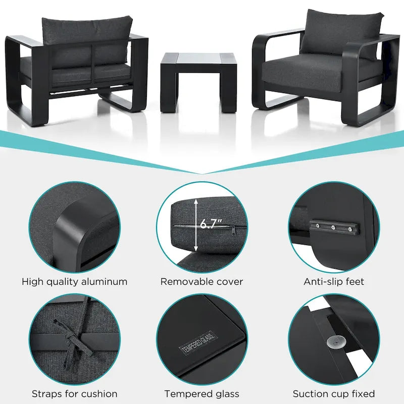 Patio Conversation Set Aluminum Frame With Cushion (Set of 3)