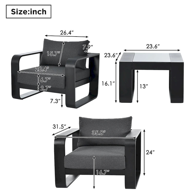 Patio Conversation Set Aluminum Frame With Cushion (Set of 3)