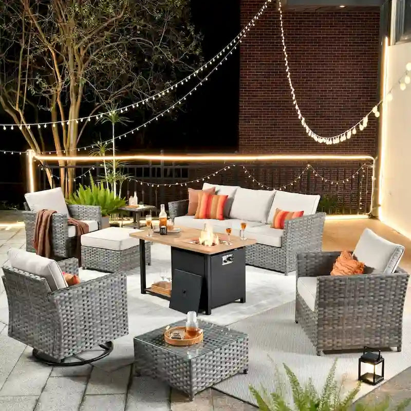 HOOOWOOO 10-piece Outdoor Grey Wicker Patio Furniture Set with Fire Pit Table