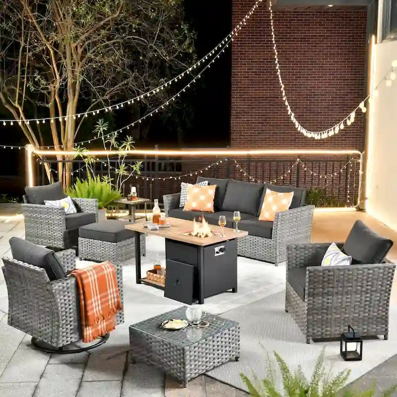 HOOOWOOO 10-piece Outdoor Grey Wicker Patio Furniture Set with Fire Pit Table