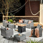 HOOOWOOO 10-piece Outdoor Grey Wicker Patio Furniture Set with Fire Pit Table