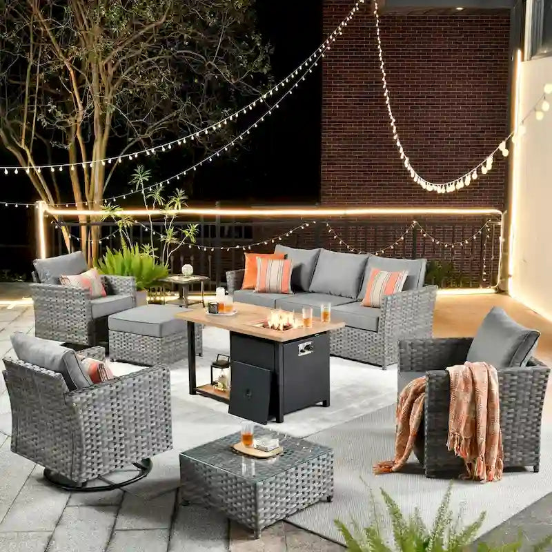 HOOOWOOO 10-piece Outdoor Grey Wicker Patio Furniture Set with Fire Pit Table