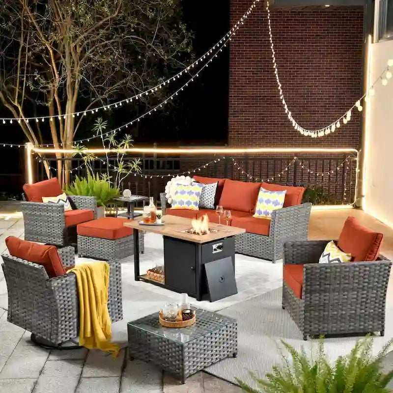 HOOOWOOO 10-piece Outdoor Grey Wicker Patio Furniture Set with Fire Pit Table