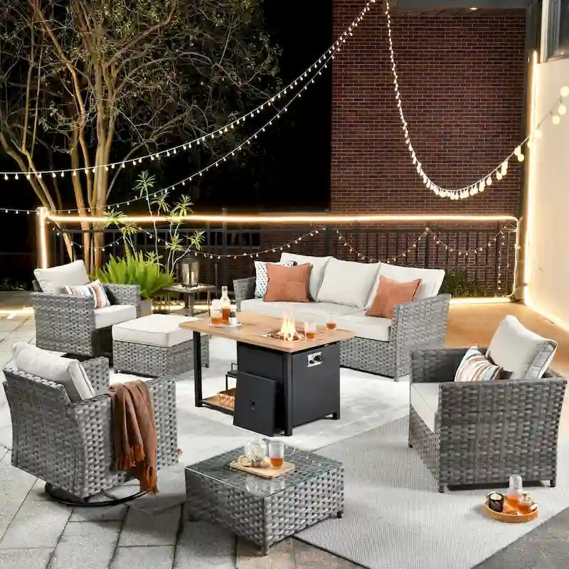 HOOOWOOO 10-piece Outdoor Grey Wicker Patio Furniture Set with Fire Pit Table