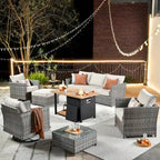 HOOOWOOO 10-piece Outdoor Grey Wicker Patio Furniture Set with Fire Pit Table