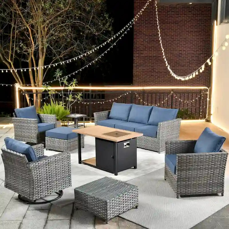 HOOOWOOO 10-piece Outdoor Grey Wicker Patio Furniture Set with Fire Pit Table