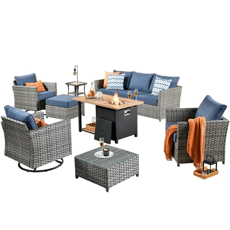 HOOOWOOO 10-piece Outdoor Grey Wicker Patio Furniture Set with Fire Pit Table