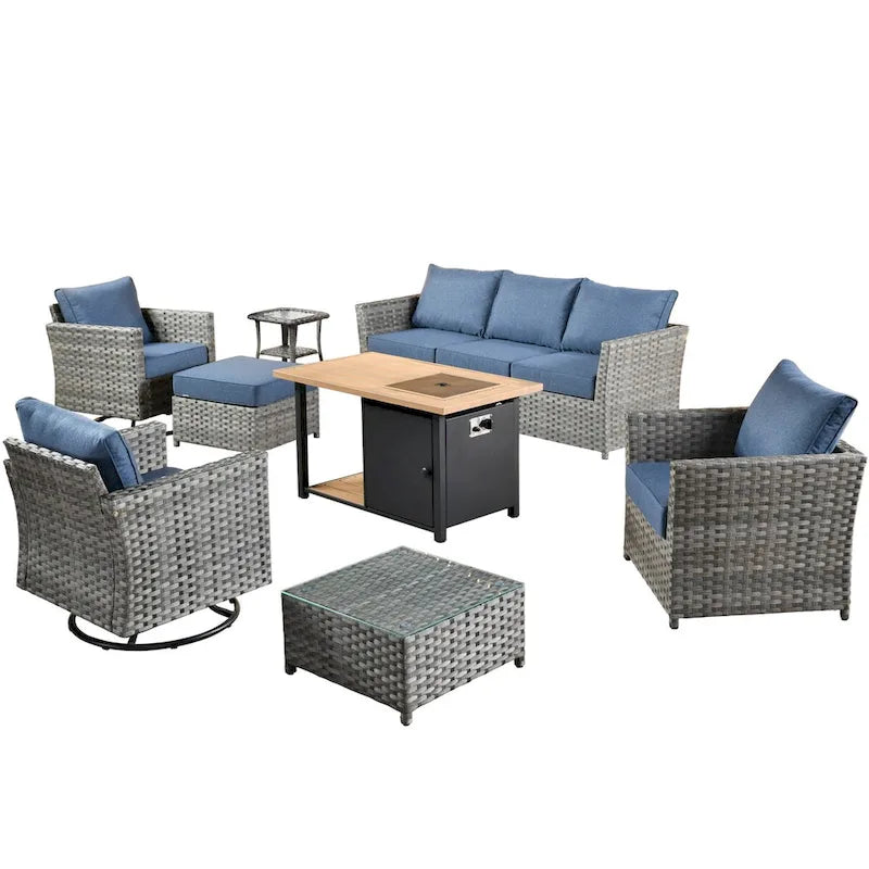 HOOOWOOO 10-piece Outdoor Grey Wicker Patio Furniture Set with Fire Pit Table