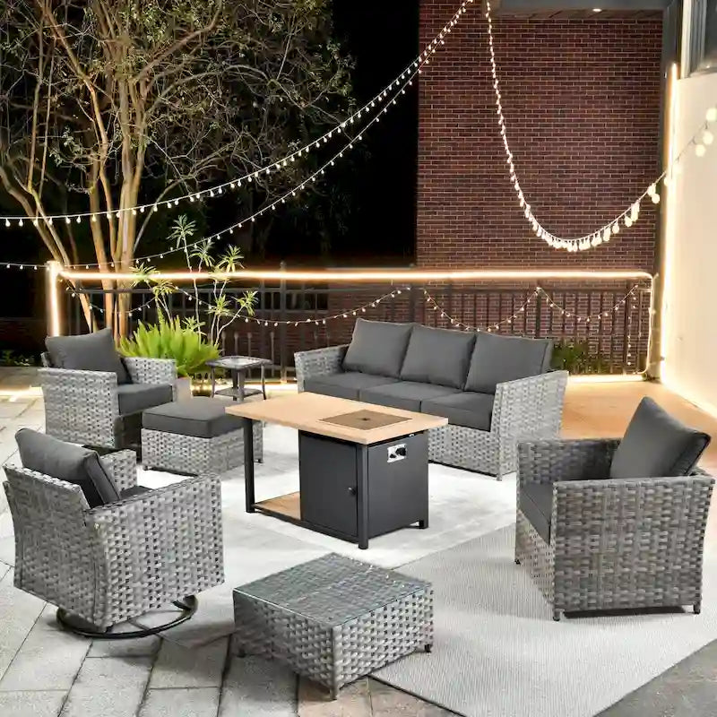 HOOOWOOO 10-piece Outdoor Grey Wicker Patio Furniture Set with Fire Pit Table