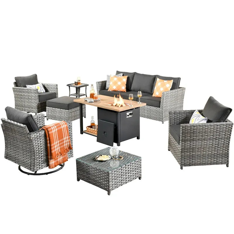 HOOOWOOO 10-piece Outdoor Grey Wicker Patio Furniture Set with Fire Pit Table
