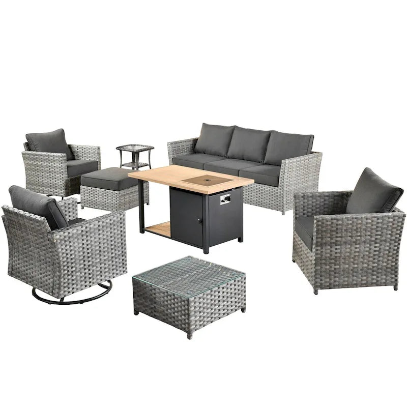 HOOOWOOO 10-piece Outdoor Grey Wicker Patio Furniture Set with Fire Pit Table