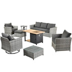 HOOOWOOO 10-piece Outdoor Grey Wicker Patio Furniture Set with Fire Pit Table