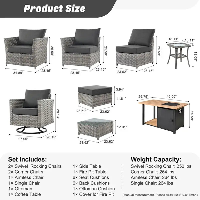 HOOOWOOO 10-piece Outdoor Grey Wicker Patio Furniture Set with Fire Pit Table