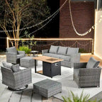 HOOOWOOO 10-piece Outdoor Grey Wicker Patio Furniture Set with Fire Pit Table