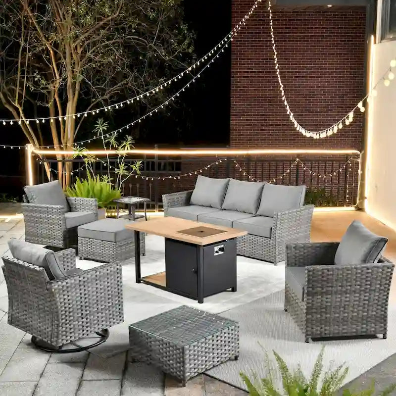 HOOOWOOO 10-piece Outdoor Grey Wicker Patio Furniture Set with Fire Pit Table