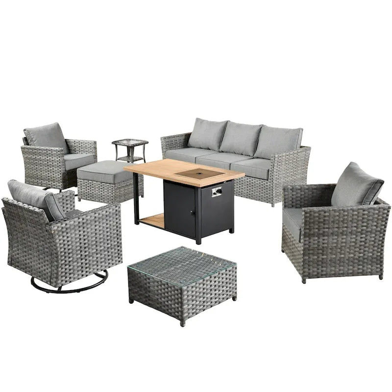 HOOOWOOO 10-piece Outdoor Grey Wicker Patio Furniture Set with Fire Pit Table