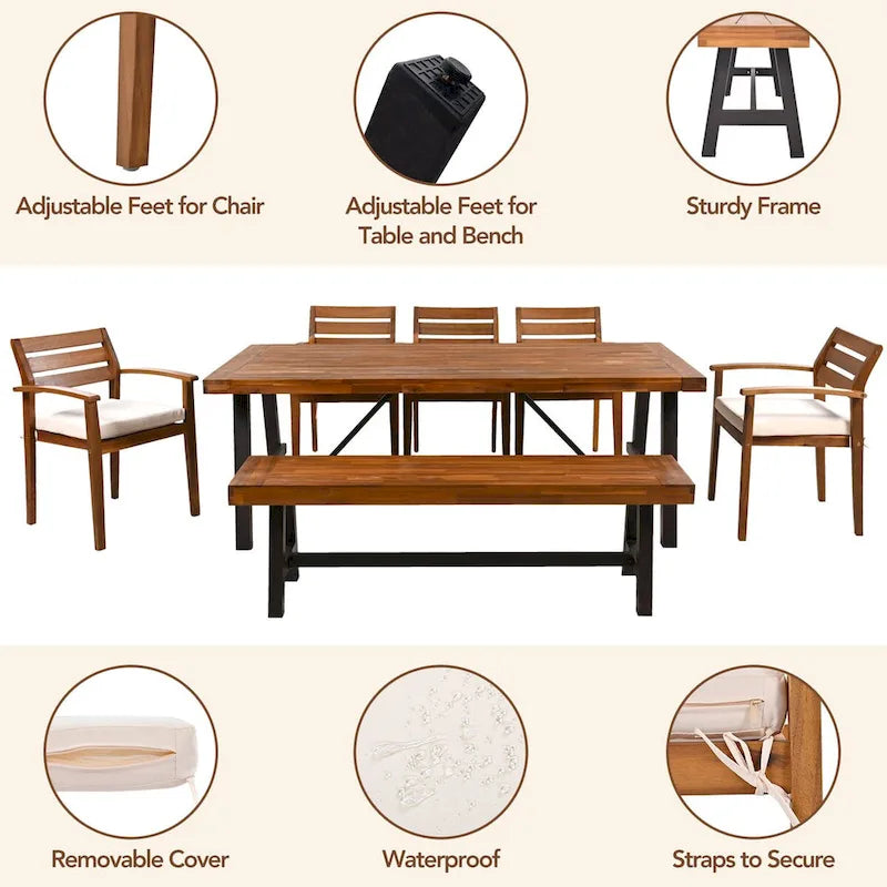 Outdoor Wood Dining Set w/Removable Cushions, Ergonomic Chairs And Bench