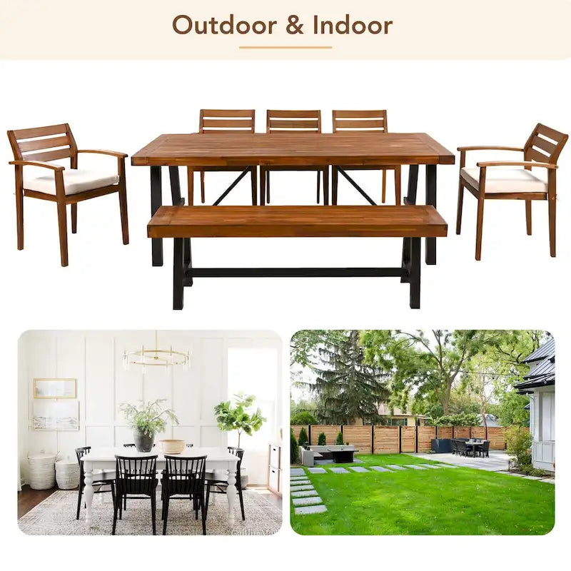Outdoor Wood Dining Set w/Removable Cushions, Ergonomic Chairs And Bench