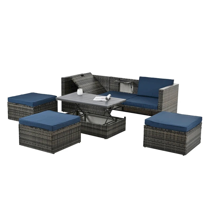 Patio Outdoor Furniture,Seasonal PE Wicker Furniture,5 Set Wicker Furniture,Plywood lift TOP Coffee Table,with Lounger Sofa