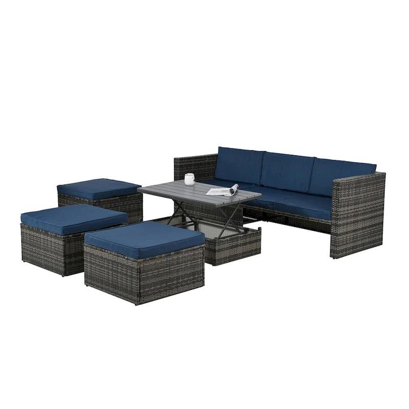 Patio Outdoor Furniture,Seasonal PE Wicker Furniture,5 Set Wicker Furniture,Plywood lift TOP Coffee Table,with Lounger Sofa