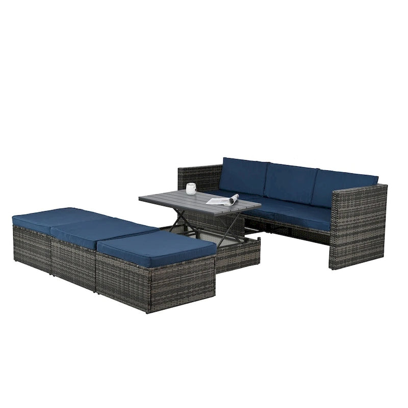 Patio Outdoor Furniture,Seasonal PE Wicker Furniture,5 Set Wicker Furniture,Plywood lift TOP Coffee Table,with Lounger Sofa