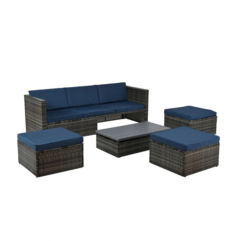 Patio Outdoor Furniture,Seasonal PE Wicker Furniture,5 Set Wicker Furniture,Plywood lift TOP Coffee Table,with Lounger Sofa