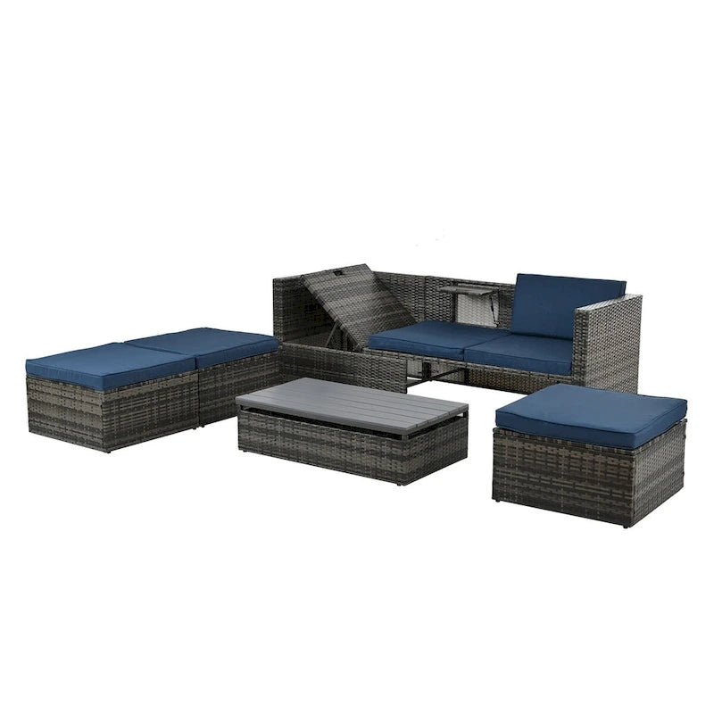 Patio Outdoor Furniture,Seasonal PE Wicker Furniture,5 Set Wicker Furniture,Plywood lift TOP Coffee Table,with Lounger Sofa