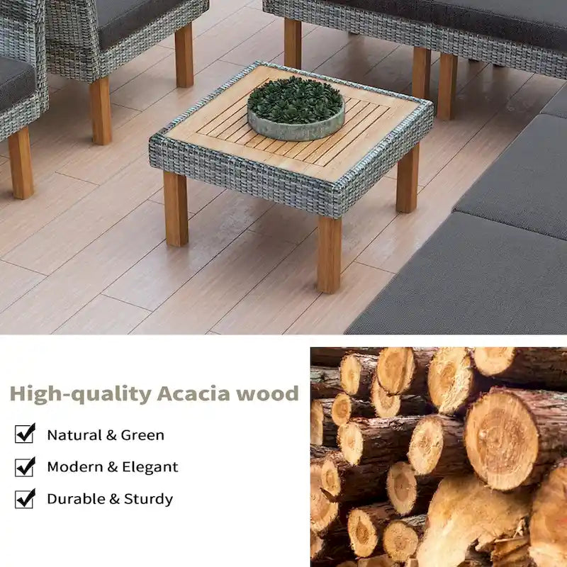 9-Piece Patio Rattan Furniture Set, Acacia Wood Legs and Tabletop, PE Rattan,Coffee Table, Washable Cushion