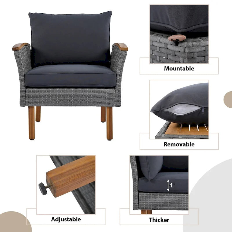 9-Piece Patio Rattan Furniture Set, Acacia Wood Legs and Tabletop, PE Rattan,Coffee Table, Washable Cushion