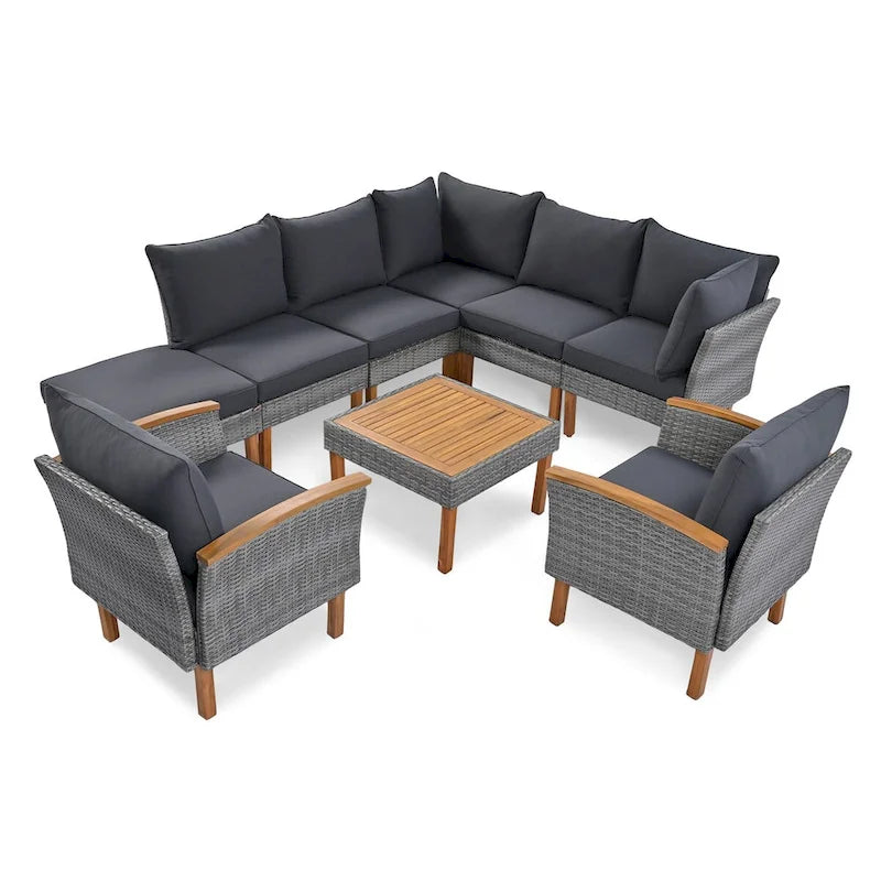 9-Piece Patio Rattan Furniture Set, Acacia Wood Legs and Tabletop, PE Rattan,Coffee Table, Washable Cushion