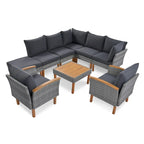 9-Piece Patio Rattan Furniture Set, Acacia Wood Legs and Tabletop, PE Rattan,Coffee Table, Washable Cushion