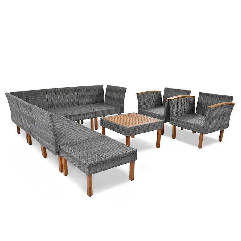 9-Piece Patio Rattan Furniture Set, Acacia Wood Legs and Tabletop, PE Rattan,Coffee Table, Washable Cushion