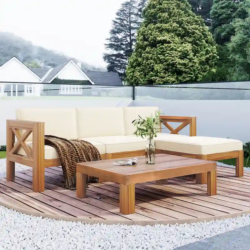 Outdoor Backyard Patio Wood 5-Piece Sectional Sofa Seating Group Set with Cushions