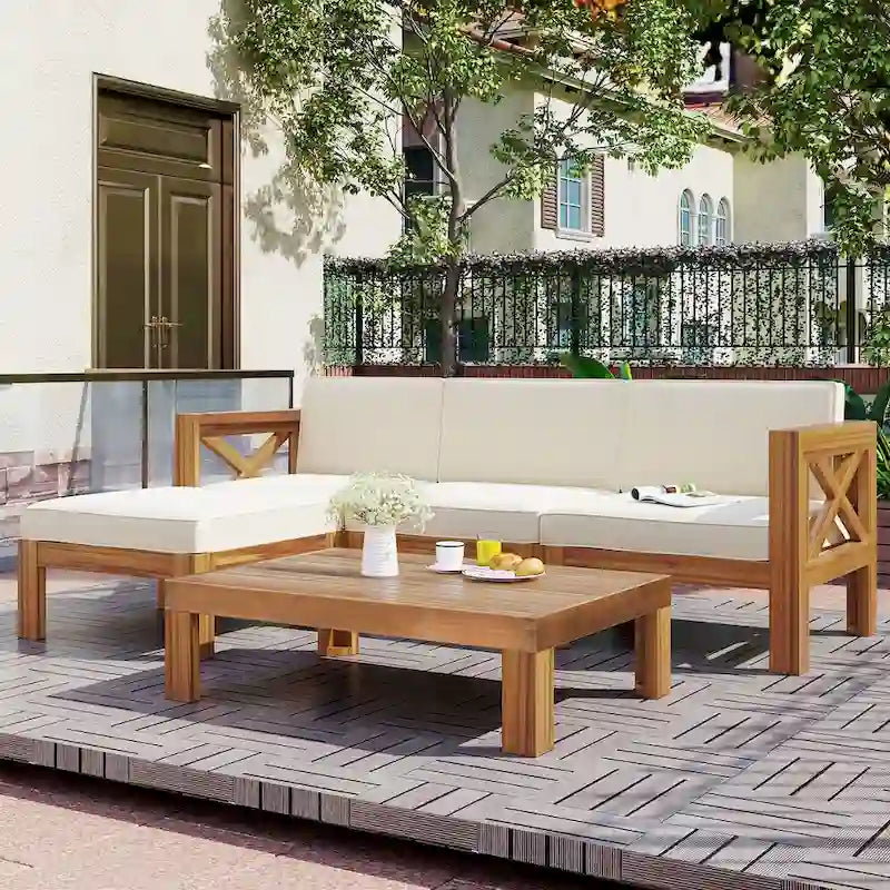 Outdoor Backyard Patio Wood 5-Piece Sectional Sofa Seating Group Set with Cushions