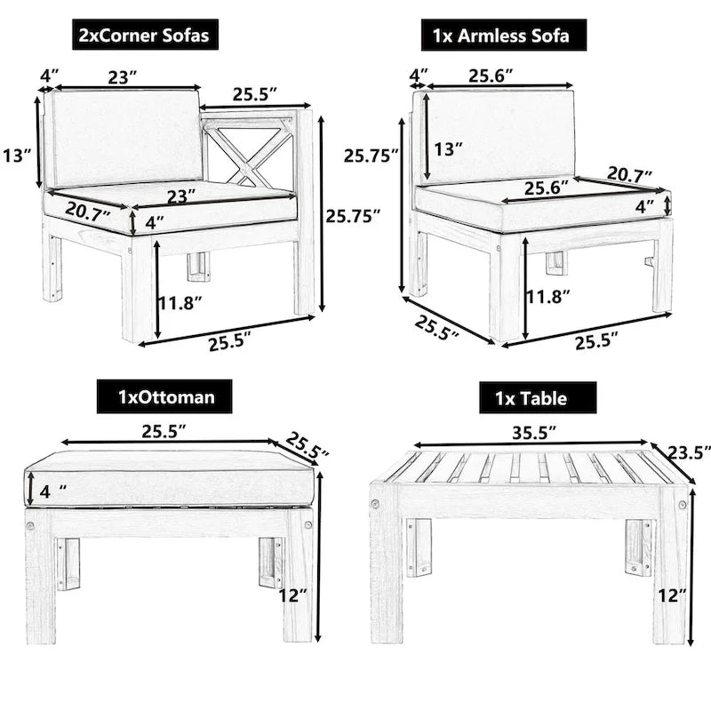Outdoor Backyard Patio Wood 5-Piece Sectional Sofa Seating Group Set with Cushions