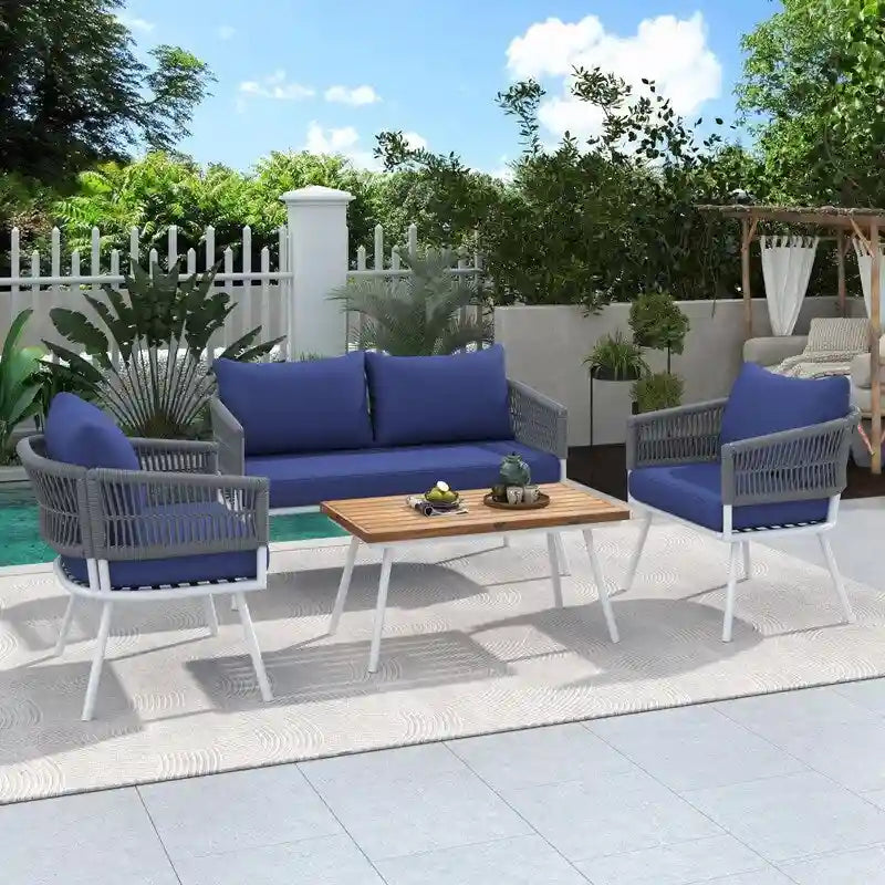 4-Piece Boho Rope Patio Furniture: Outdoor Seating with Acacia Wood Table, Thick Cushions
