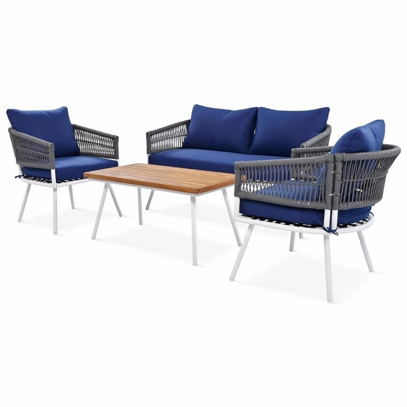 4-Piece Boho Rope Patio Furniture: Outdoor Seating with Acacia Wood Table, Thick Cushions