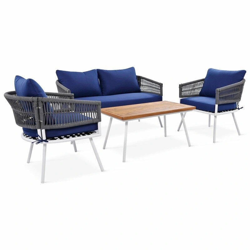 4-Piece Boho Rope Patio Furniture: Outdoor Seating with Acacia Wood Table, Thick Cushions