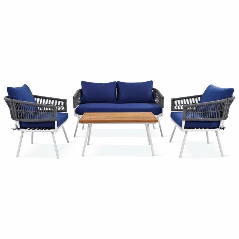 4-Piece Boho Rope Patio Furniture: Outdoor Seating with Acacia Wood Table, Thick Cushions