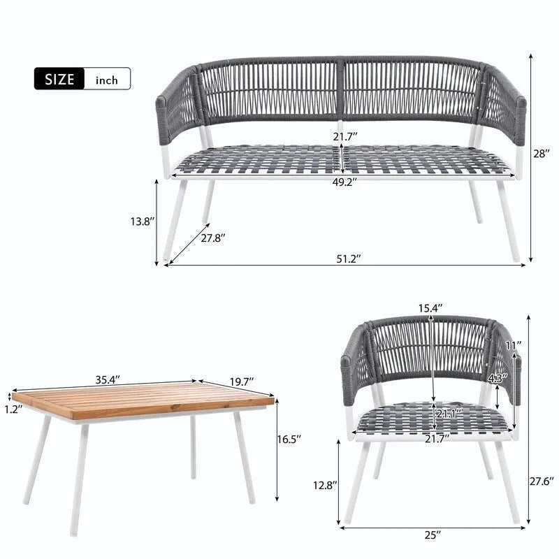 4-Piece Boho Rope Patio Furniture: Outdoor Seating with Acacia Wood Table, Thick Cushions