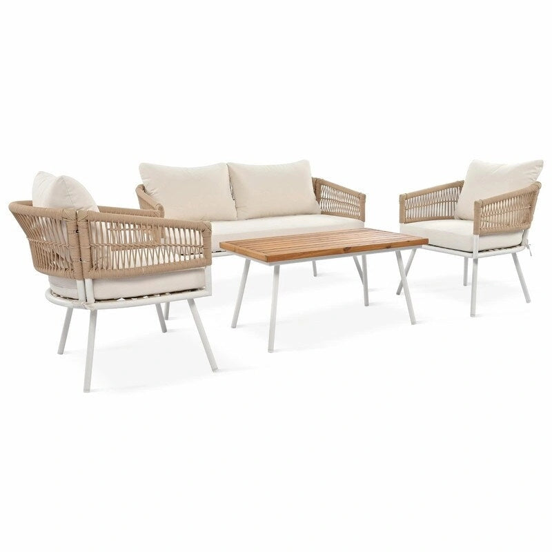 4-Piece Boho Rope Patio Furniture: Outdoor Seating with Acacia Wood Table, Thick Cushions