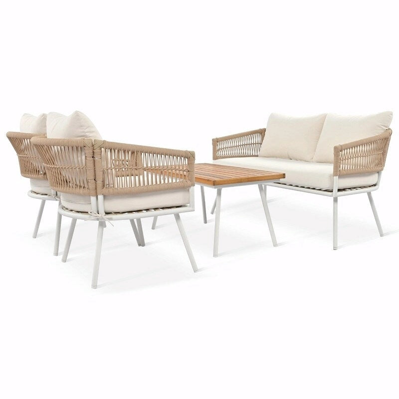 4-Piece Boho Rope Patio Furniture: Outdoor Seating with Acacia Wood Table, Thick Cushions