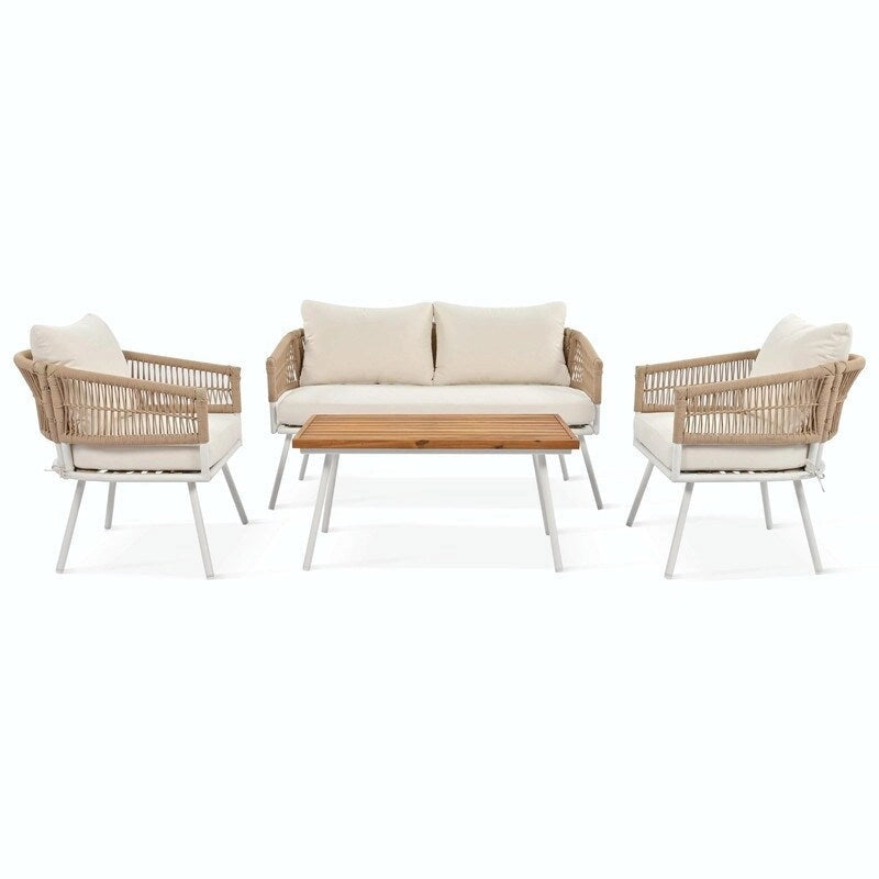 4-Piece Boho Rope Patio Furniture: Outdoor Seating with Acacia Wood Table, Thick Cushions