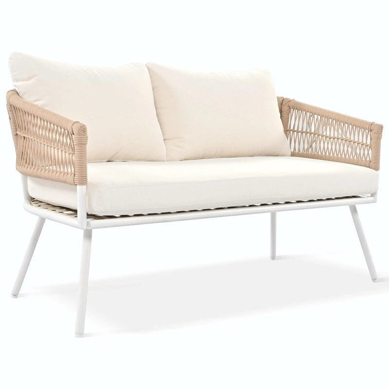 4-Piece Boho Rope Patio Furniture: Outdoor Seating with Acacia Wood Table, Thick Cushions