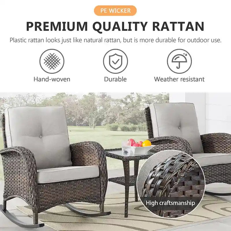 2 Rocker Chairs with Patio Sofa Coffee Table - Brown