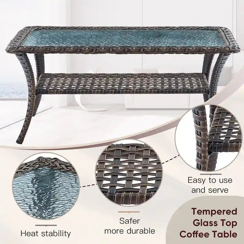 2 Rocker Glider Chairs with Rattan Sofa Table - Brown