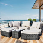 6-Piece Wicker Outdoor Sectional Conversation Set with Cushions - 2Corner Sofas&1Single Sofa&2Ottomans&1Table