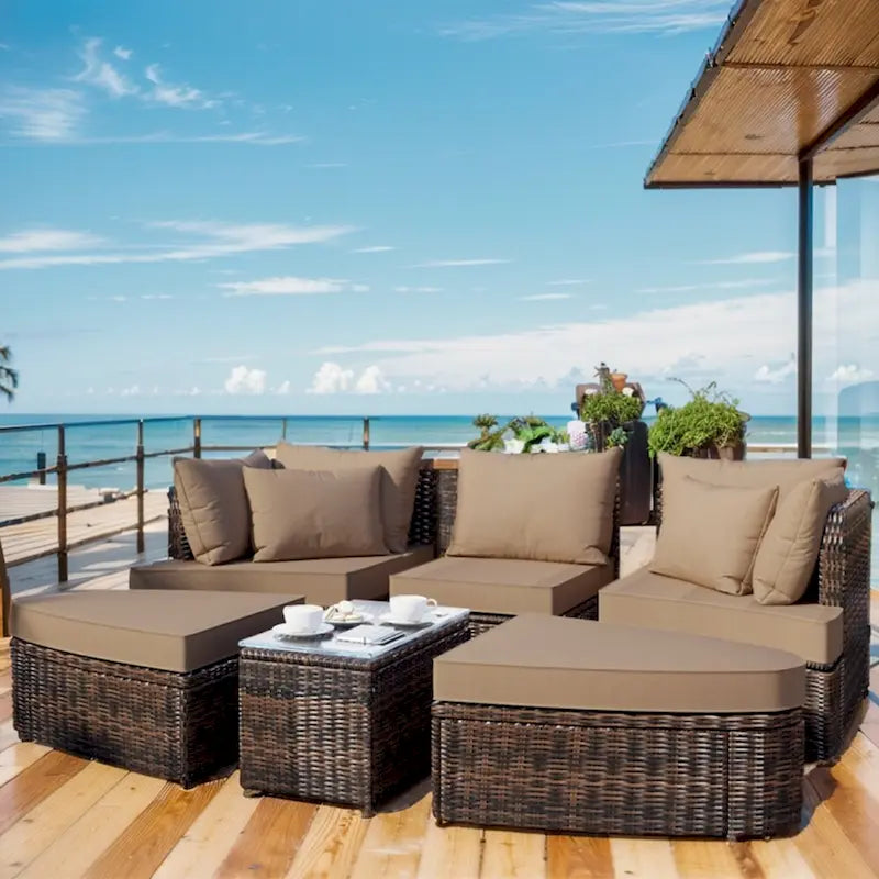 6-Piece Wicker Outdoor Sectional Conversation Set with Cushions - 2Corner Sofas&1Single Sofa&2Ottomans&1Table