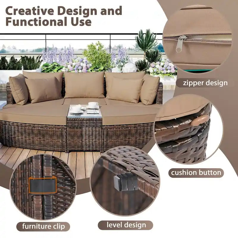 6-Piece Wicker Outdoor Sectional Conversation Set with Cushions - 2Corner Sofas&1Single Sofa&2Ottomans&1Table